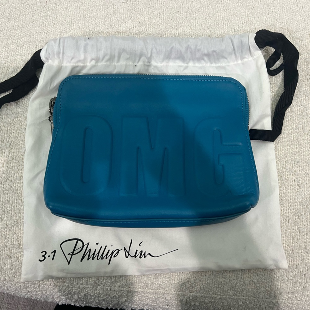 3.1 Phillip Lim “OMG” Embossed Blue Leather Zip Pouch Clutch w/ Dust Bag